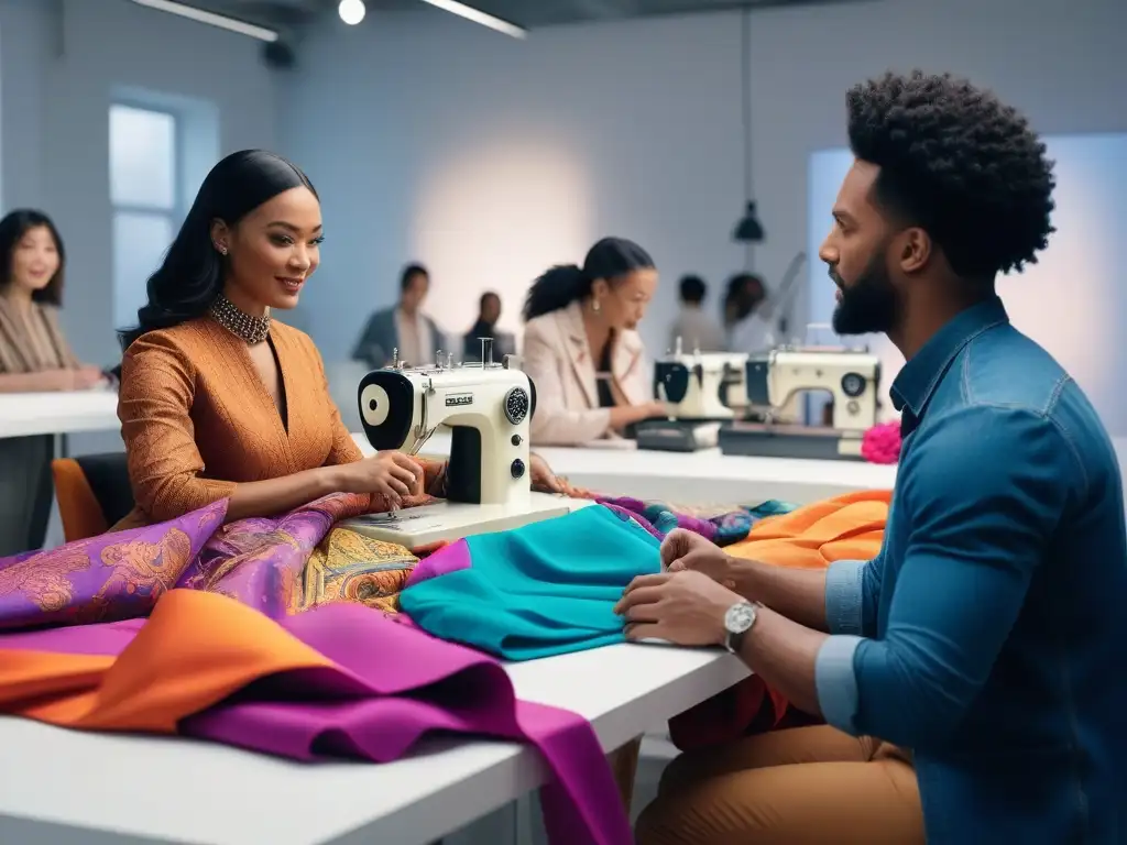 Diseñadores de moda diversos colaborando en estudio creativo Diseño de moda inclusivo cultural: Grupo diverso de diseñadores trabajando colaborativamente en un estudio luminoso y colorido