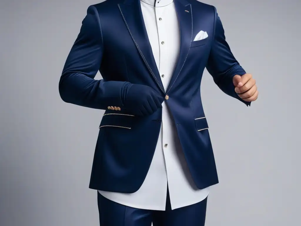 Elegante traje azul marino para mujer en maniquí detallado Diseño de moda tallas petite: Detalle de maniquí llevando traje azul navy ajustado y elegante, destacando costuras intrincadas
