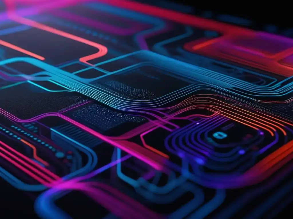 Textil inteligente: diseño futurista de circuitos luminosos Un diseño vibrante de textiles inteligentes en moda inclusiva: patrón abstracto de circuitos interconectados brillando en neón sobre tela negra