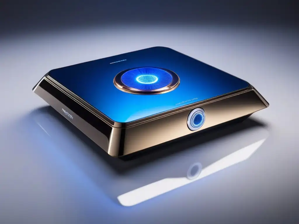 Dispositivo futurista de belleza: lujo y tecnología avanzada Un dispositivo de belleza futurista de alta gama con acabado metálico y tecnología avanzada, resaltando elegancia y exclusividad