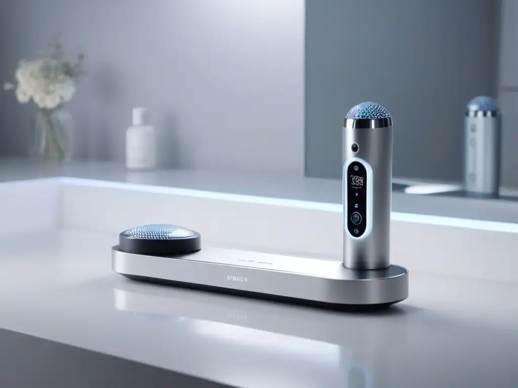 Dispositivo facial futurista de lujo con LED y pantalla táctil Un dispositivo facial plateado futurista con tecnología para cuidado piel avanzada, iluminado en un baño de alta tecnología