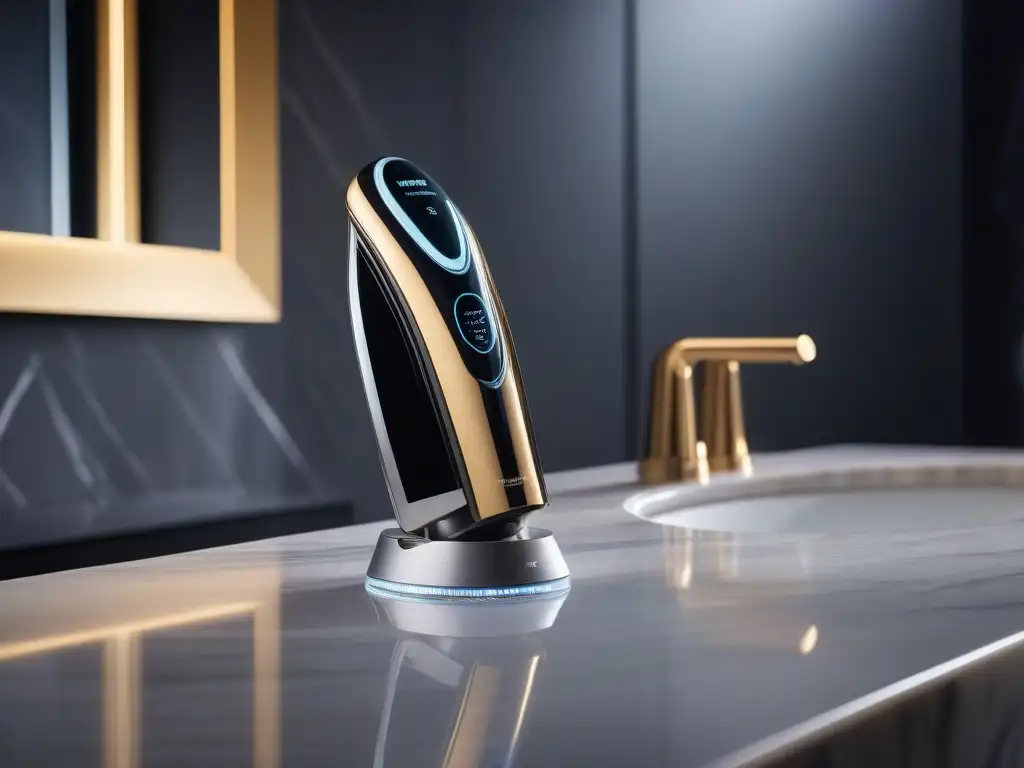 Dispositivo de tratamiento capilar futurista para el hogar en baño elegante Un dispositivo futurista de tratamiento capilar en casa, con luces LED y diseño lujoso, en un elegante baño