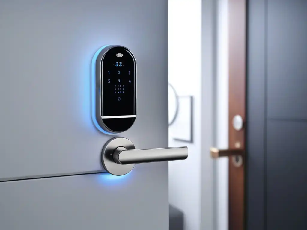 Smart lock futurista en puerta contemporánea Dispositivo de seguridad moderno en una elegante puerta contemporánea