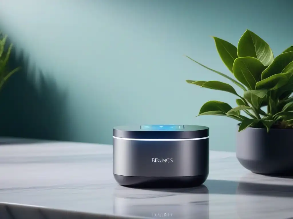 Dispositivo de belleza futurista con tecnología avanzada y lujo Dispositivo de tecnología para cuidado piel avanzada en mármol con planta verde