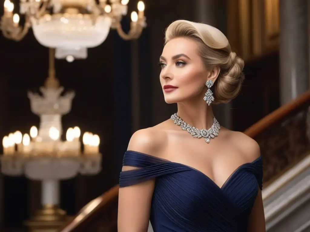 Radiante elegancia en vestido de noche azul marino Una distinguida mujer mayor en un elegante traje de noche azul marino, irradiando elegancia y sofisticación en una escalera grandiosa