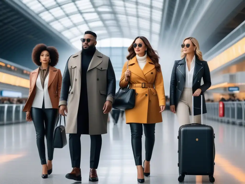 Estilo versátil: Viajeros chic de todas las tallas en aeropuerto moderno Una diversa y elegante moda de viaje para todas las tallas, en un aeropuerto moderno
