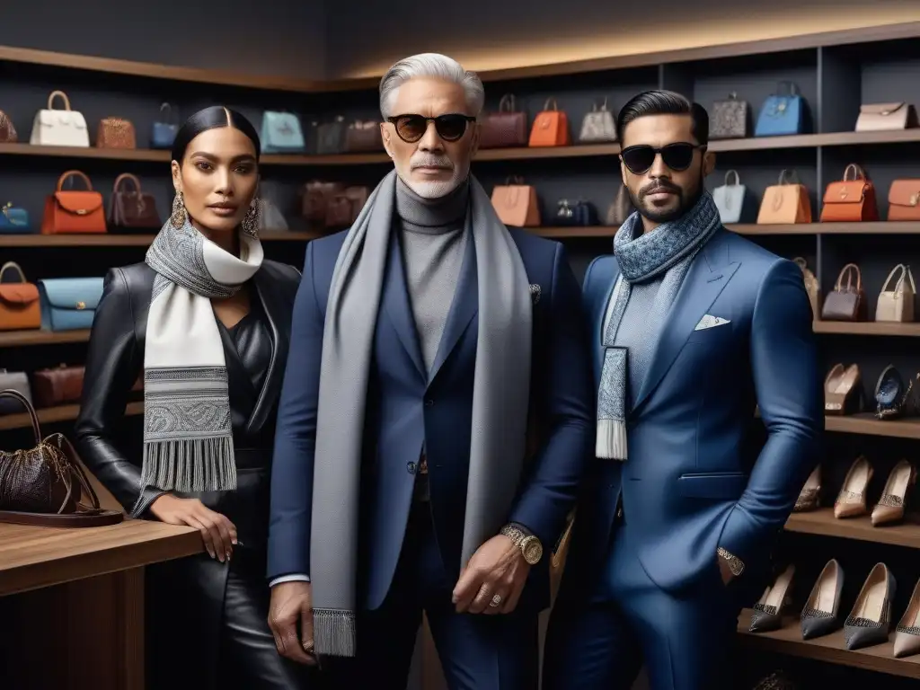 Grupo diverso en boutique de accesorios de diseñador Una diversa y elegante reunión de personas de diferentes etnias, géneros y edades, luciendo accesorios de diseñador en una boutique moderna