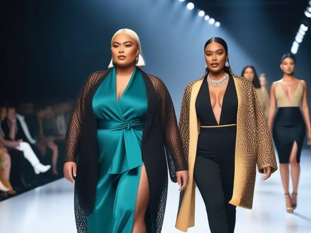 Pasarela de diversidad y estilo inclusivo en la moda Una diversa pasarela de modelos de distintas tallas, edades y etnias, exhibiendo marcas de moda inclusivas diversidad