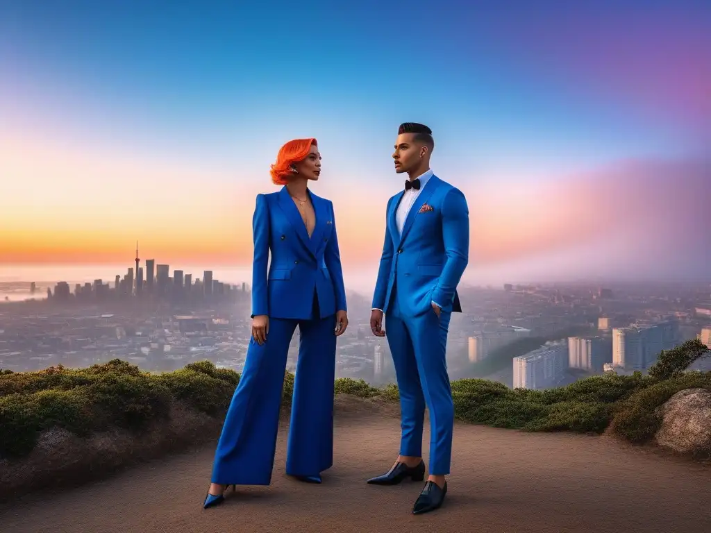 Estilo de género fluido: Celebrando la diversidad con confianza y color Una diversa y segura mezcla de estilos de género fluido en una ciudad al atardecer