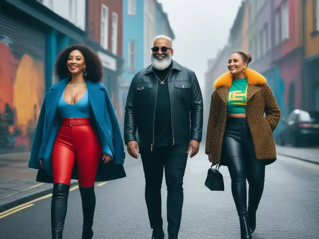 Diversidad y estilo en la ciudad: grupo multicultural sonriente Una diversa y segura colección de personas caminando por la ciudad en moda inclusiva perfil consumidor