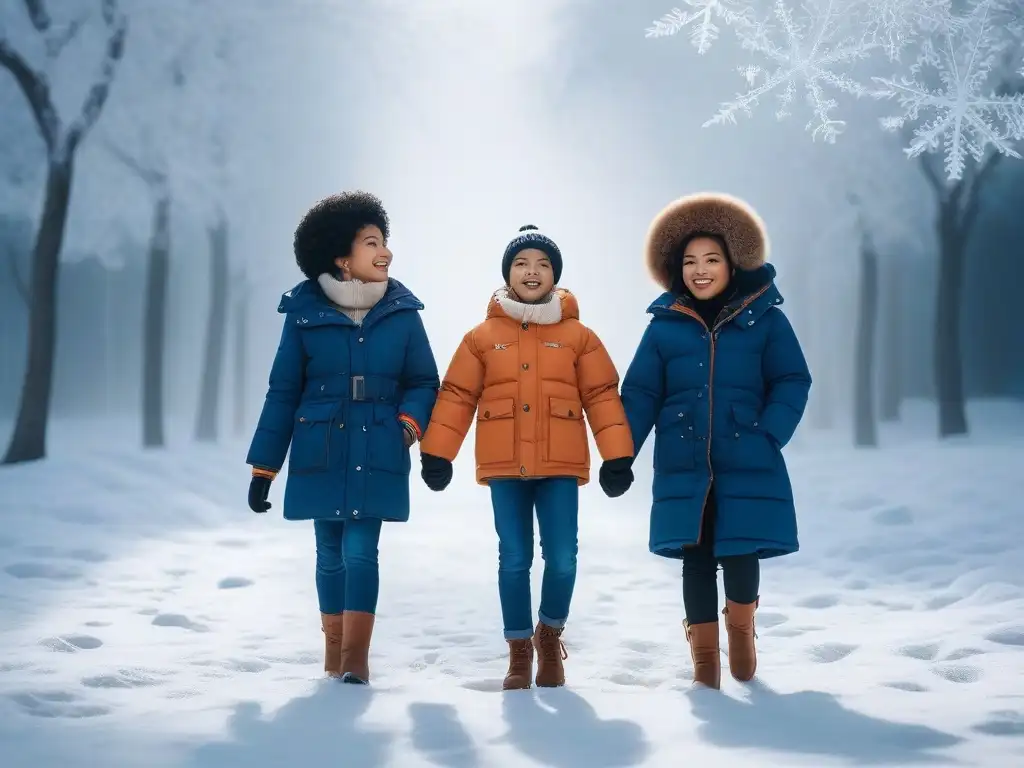 Diversidad y alegría: niños jugando unidos en la nieve Diversidad y alegría en moda infantil invierno: niños de diferentes etnias y habilidades jugando juntos en un paisaje invernal
