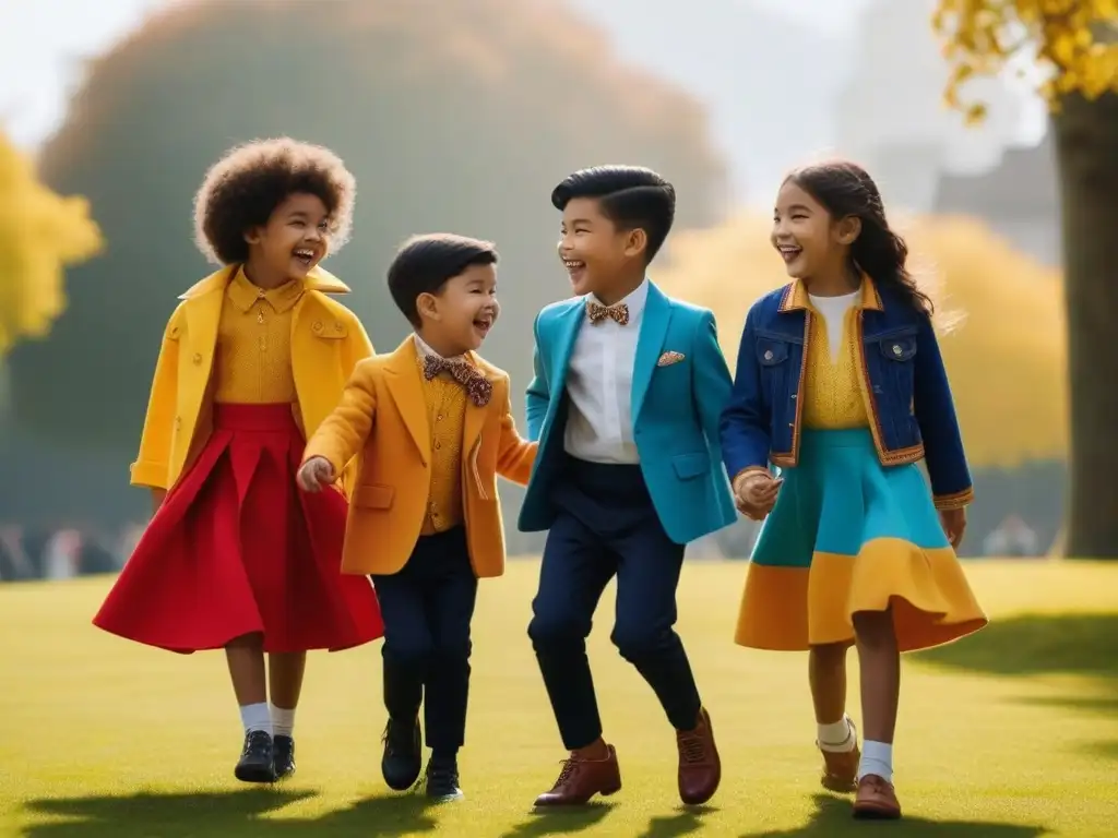 Diversión multicultural: niños felices y coloridos en el parque La diversidad y alegría de la moda infantil se reflejan en niños de distintas etnias jugando juntos en un parque soleado