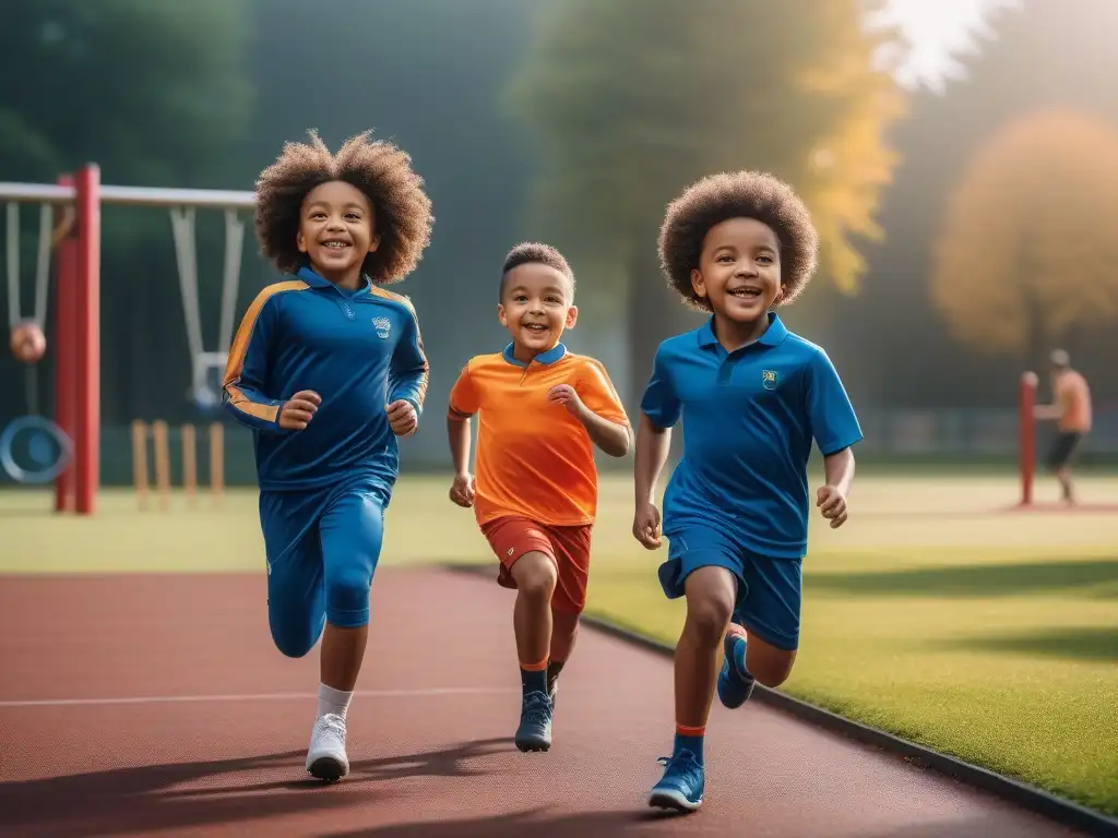 Niños felices y diversos practicando deportes juntos en un parque inclusivo Diversidad y alegría en un parque: niños de todas tallas, etnias y colores, felices y unidos con ropa deportiva inclusiva