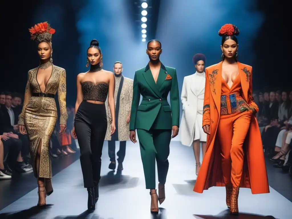 Desfile innovador: diversidad y rebeldía en la alta costura Diversidad en la alta costura: Desfile de modelos diversos luciendo diseños innovadores de Jean Paul Gaultier en una pasarela moderna