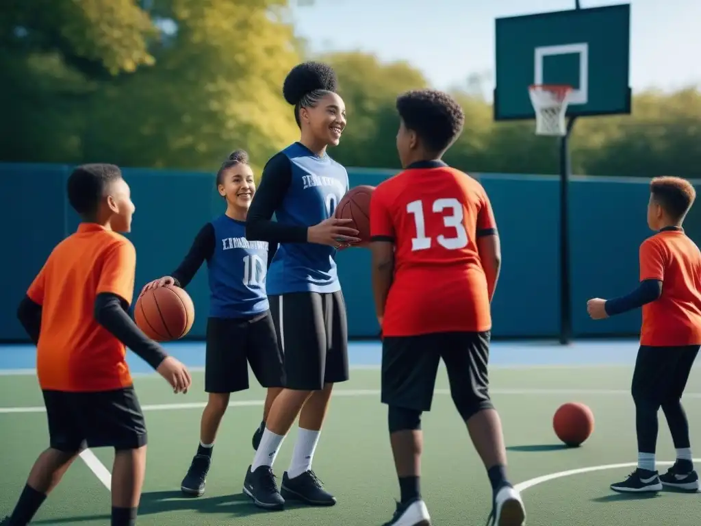 Juego inclusivo de baloncesto: diversidad y alegría en la escuela Inclusión y diversidad: niños juegan baloncesto inclusivo con moda adaptativa en la escuela soleada