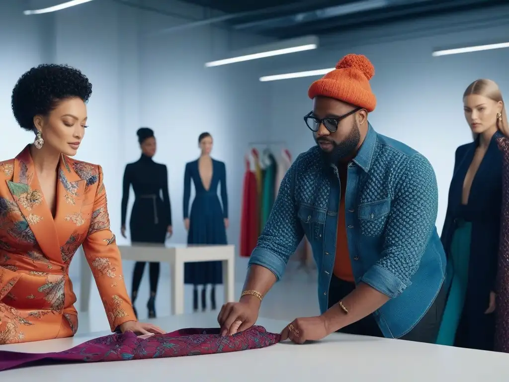 Diversidad creativa en moda: diseñadores colaborando en estudio moderno Innovación y diversidad: diseñadores de moda colaborando en un estudio creativo, reflejando el impacto de colaboraciones en la marca de moda inclusiva