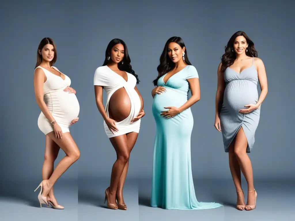 Estilo y elegancia: mujeres embarazadas lucen moda moderna con confianza Diversidad de embarazadas luciendo ropa premamá para diferentes tipos de cuerpo, elegantes y empoderadas