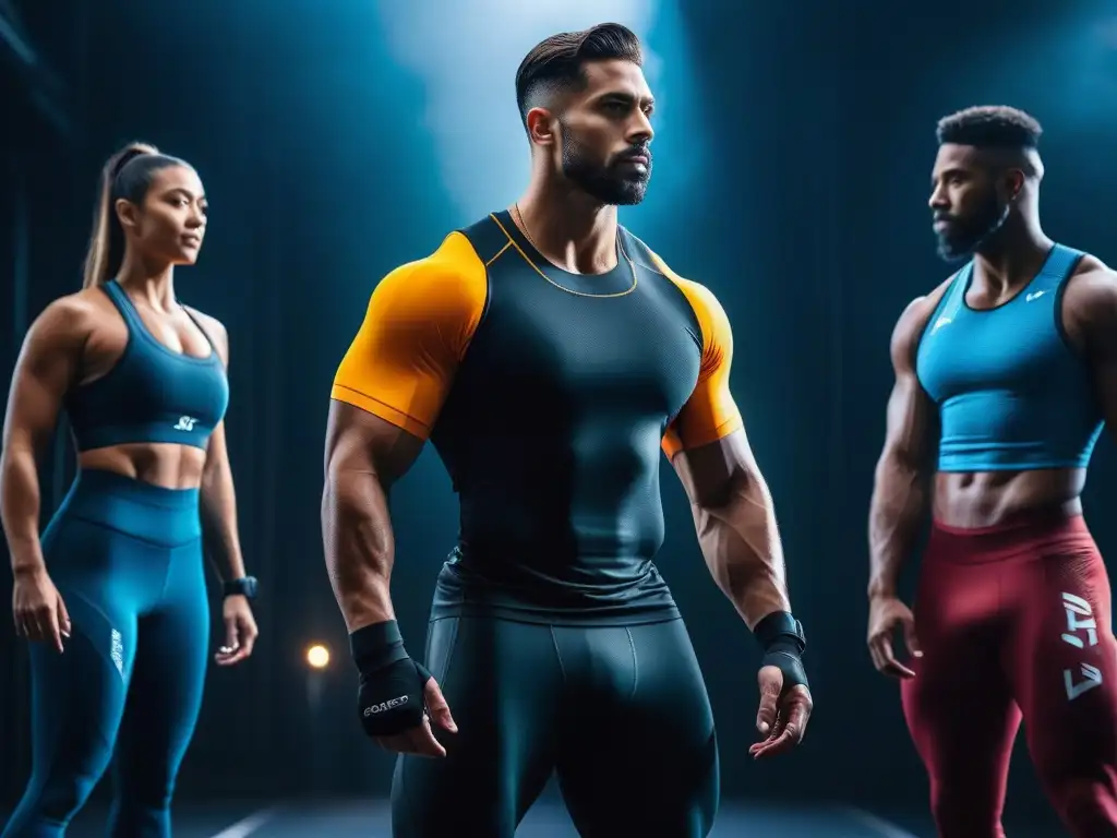Moda fitness: tecnología y estilo en armonía Diversidad y estilo: personas con wearables fitness integrados en su moda diaria, simbolizando la moda inclusiva y vitalidad