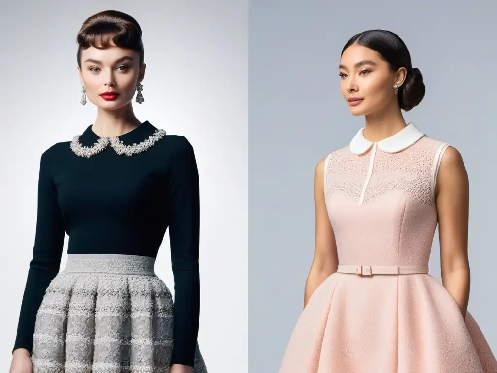 Evolución y elegancia: Comparación de moda petite vintage y moderna Evolución y diversidad en la moda petite: detalle de atuendos vintage de Audrey Hepburn y diseño moderno de Simone Rocha