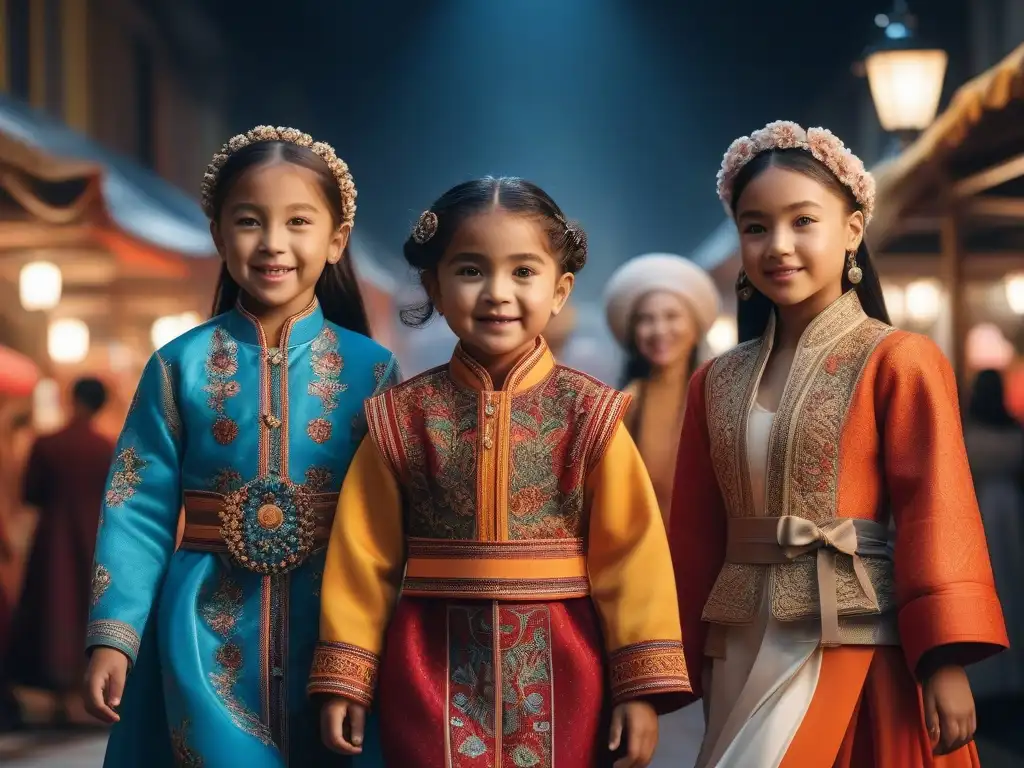 Moda infantil multicultural: diversión en la pasarela Diversidad en moda infantil: Niños de diversas etnias y edades juegan felices en una pasarela multicolor y multicultural
