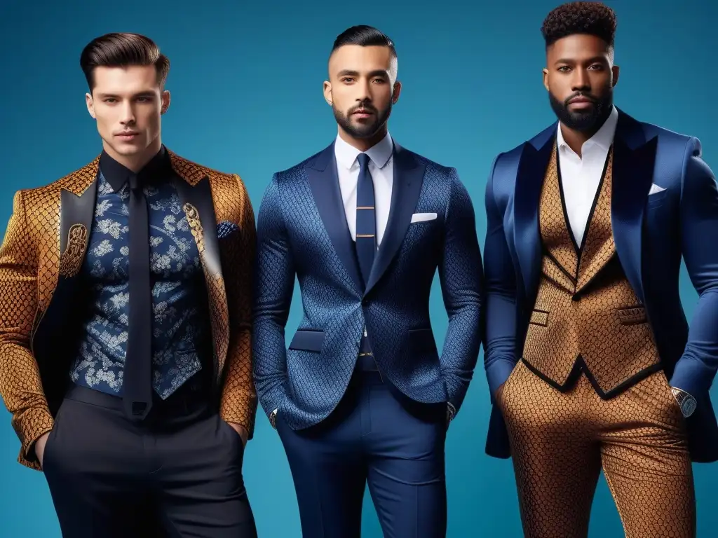 Estilo diverso y moderno: hombres seguros con outfits audaces en entorno urbano Diversidad en la moda masculina: hombres seguros luciendo patrones y texturas en atuendos modernos e inclusivos