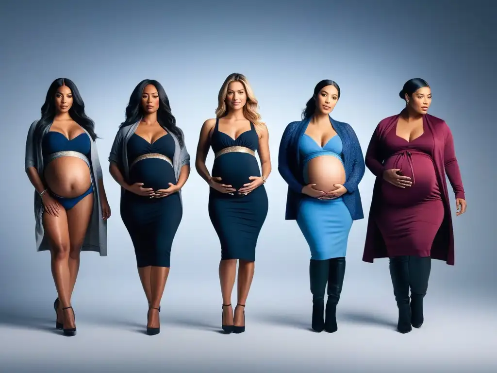 Maternidad inclusiva: belleza diversa en moda gestante Inclusión y diversidad en la moda de maternidad: mujeres embarazadas de diferentes tallas y etnias posando con estilo y confianza