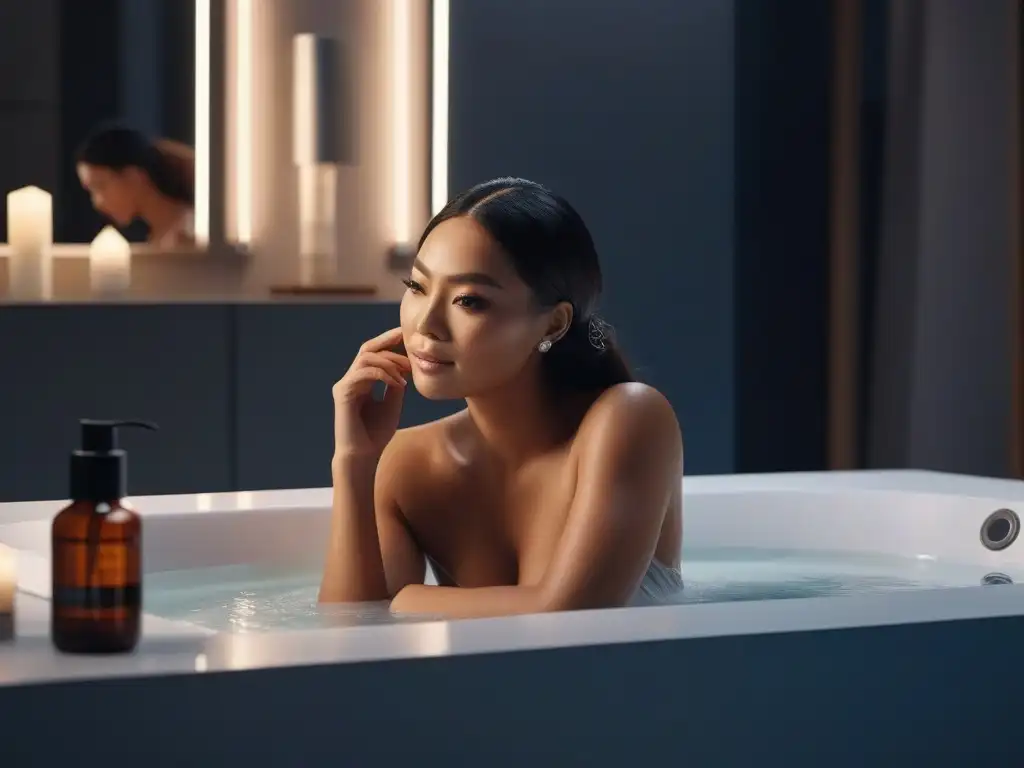 Rutinas de belleza nocturnas: diversidad y autenticidad en un baño de lujo Diversidad en rutinas belleza nocturnas piel diversa en moderno baño iluminado