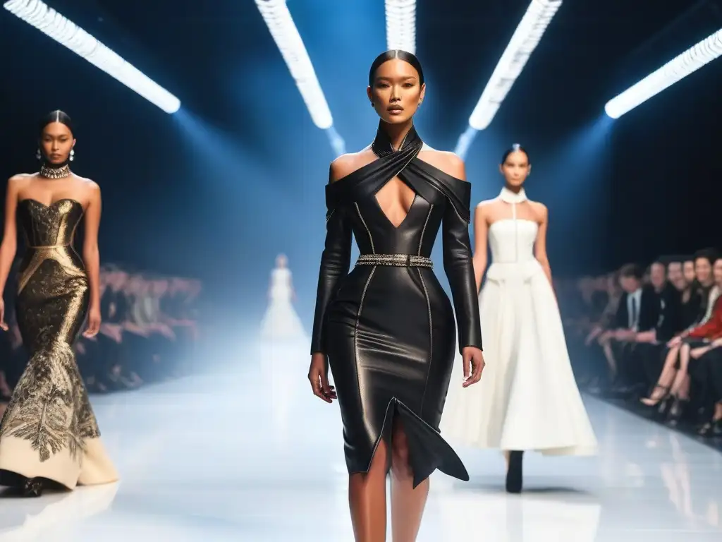 Desfile de moda inclusivo y lujoso de Alexander McQueen Diversidad de tallas en moda: Grupo diverso desfilando con diseños de McQueen en una pasarela futurista