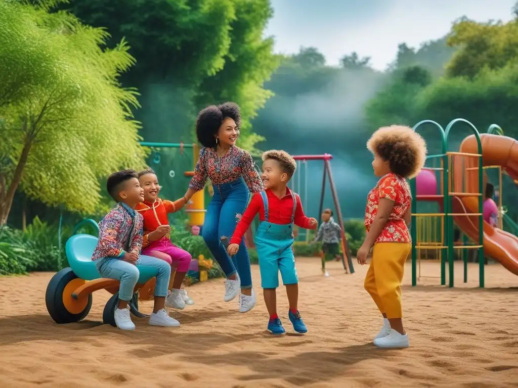 Niños felices y diversos jugando en un parque inclusivo con moda colorida Diversidad y unidad en marcas moda infantil: niños de distintas etnias y habilidades juegan juntos felizmente en un parque contemporáneo