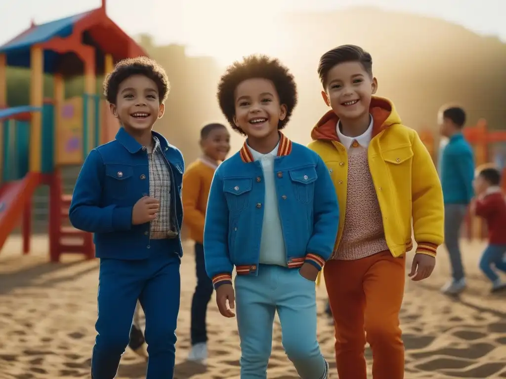 Niños felices en ropa hipoalergénica en un parque vibrante Diversión en el parque con ropa infantil hipoalergénica para todos, niños sonrientes y coloridos atuendos
