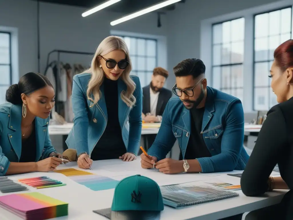 Diseñadores de moda creativos en estudio inclusivo Un diverso grupo de diseñadores de moda colaborando en un estudio vibrante, transmitiendo innovación y profesionalismo