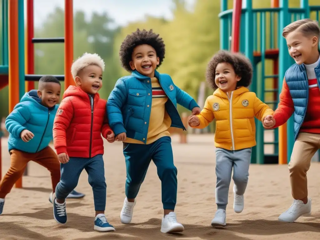Moda adaptativa: niños felices y diversos juegan juntos Un diverso grupo de niños felices jugando juntos en un parque con ropa adaptativa para niños, mezclando diseño y funcionalidad