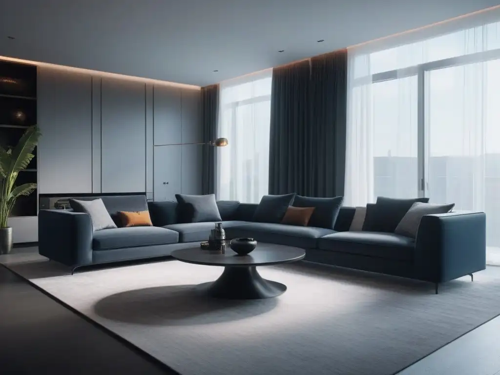 Salón moderno y lujoso con tecnología inteligente integrada Domótica para estilo y comodidad: Sala moderna con dispositivos inteligentes integrados y diseño minimalista de lujo