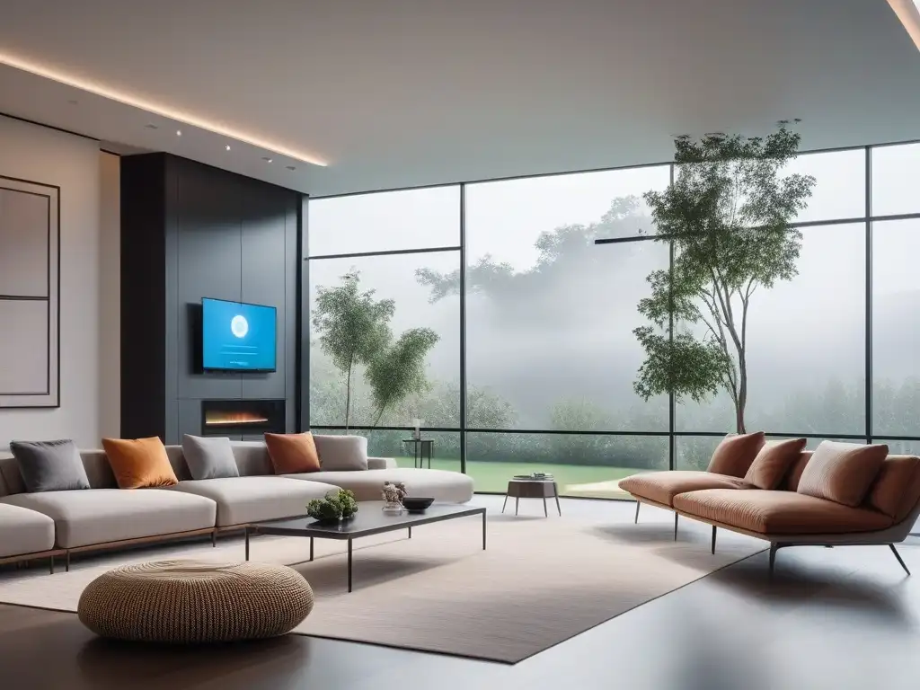 Salón moderno inteligente con tecnología de vanguardia integrada Domótica para estilo y comodidad en un salón moderno con dispositivos inteligentes integrados y vista al jardín