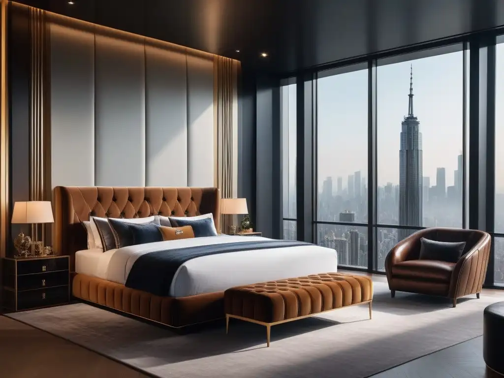 Diseño lujoso y moderno en habitación con vistas a la ciudad Dormitorio de lujo con mobiliario de diseño y vista panorámica de la ciudad