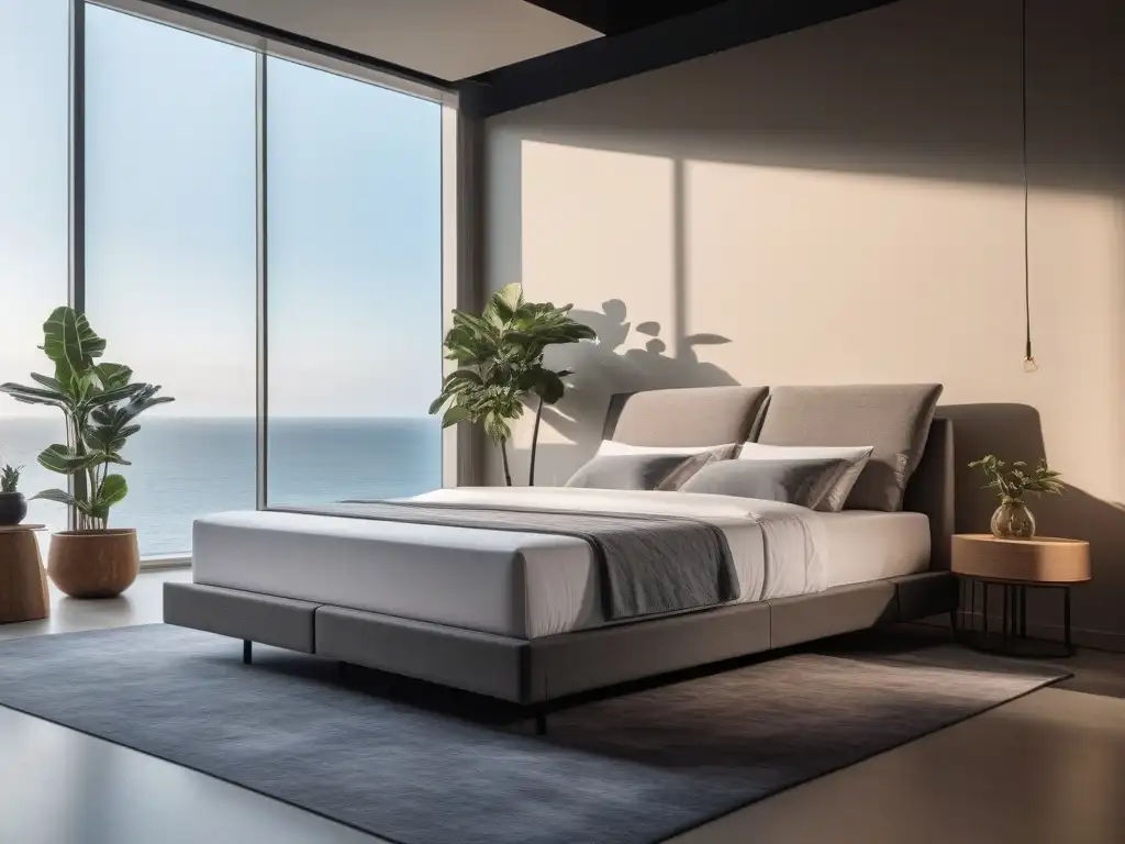 ¡'Dormitorio inteligente de lujo para un descanso perfecto'! Un dormitorio moderno con cama inteligente y tecnología de sueño, decoración minimalista en tonos neutros