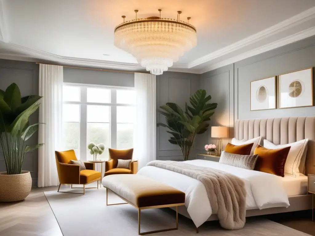 Suite de lujo: diseño moderno y opulento en dormitorio elegante Un dormitorio moderno de lujo con mobiliario de diseño y acabados metálicos, iluminado por una impactante lámpara de araña