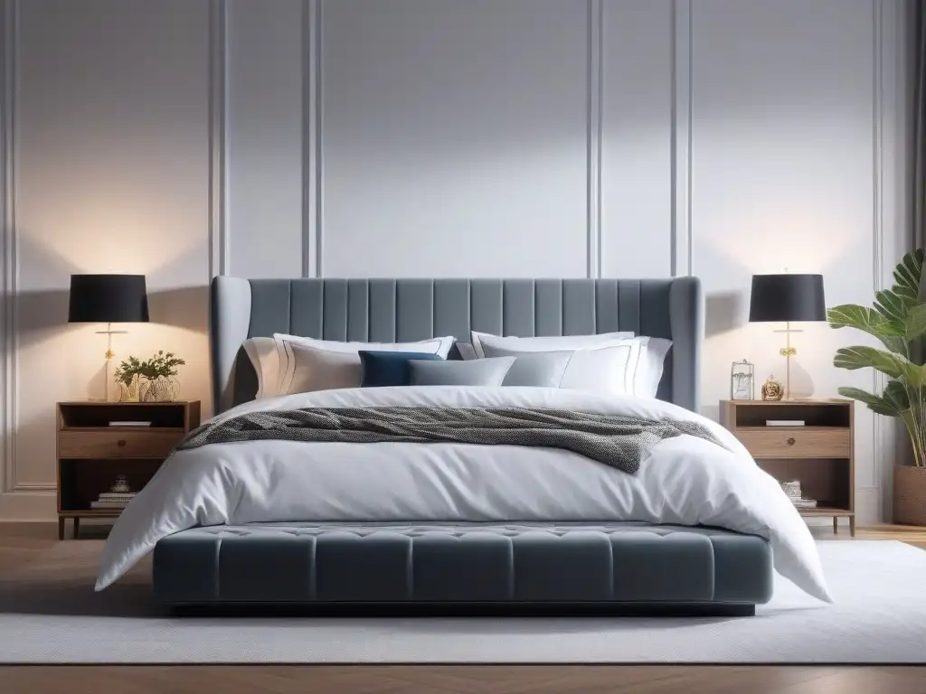 Escenario de sueño moderno y lujoso con tecnología integrada Un dormitorio sereno con tecnología integrada para un sueño reparador en una cama tamaño king