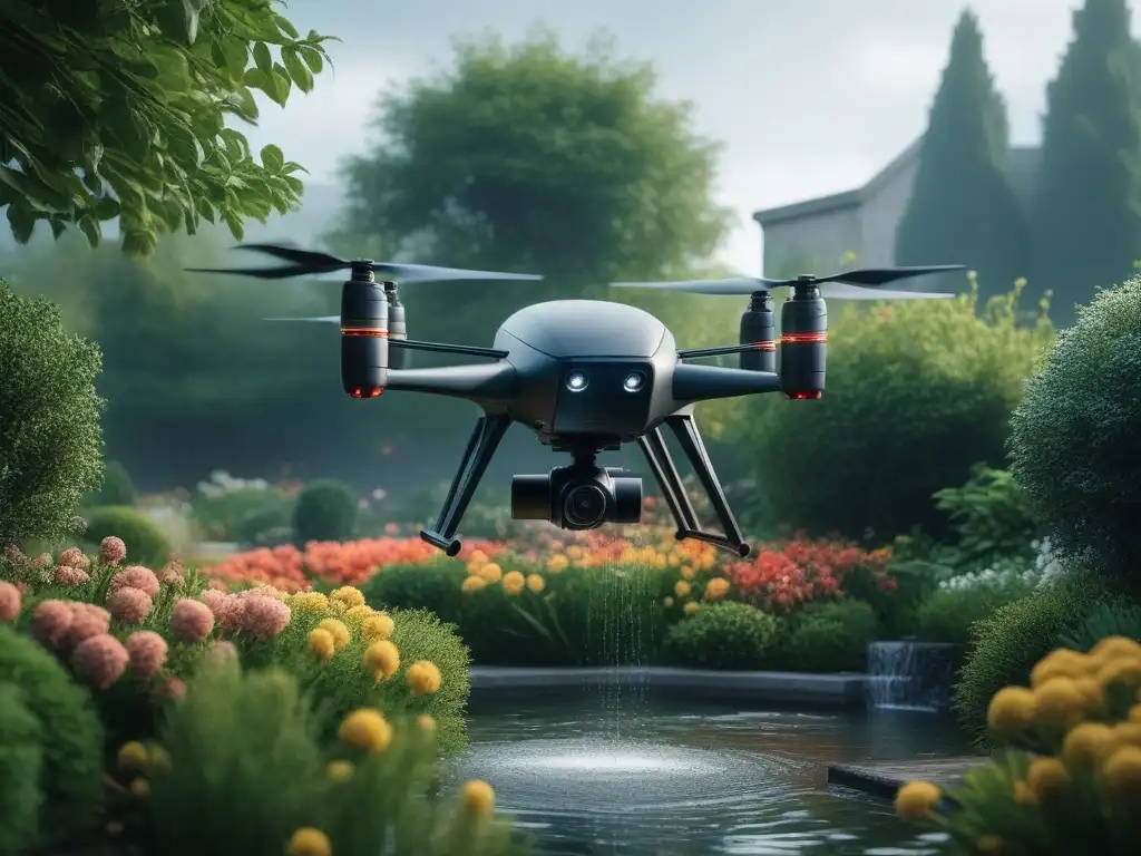 Dron futurista de jardinería: tecnología y naturaleza en armonía Un dron futurista con múltiples hélices en un jardín exuberante