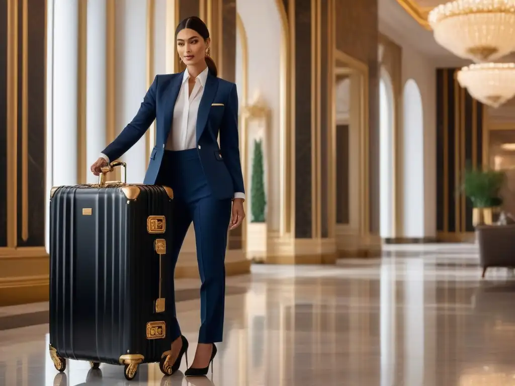 Maletín de lujo en lobby elegante: mujer ejecutiva confiada Una ejecutiva segura y sofisticada alcanza un equipaje de lujo para viajes en un elegante lobby de hotel