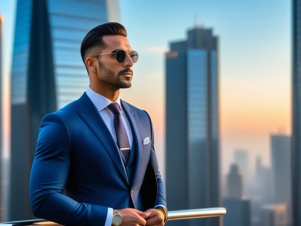 Profesional elegante en ciudad moderna al atardecer Un ejecutivo elegante destaca en la ciudad al atardecer