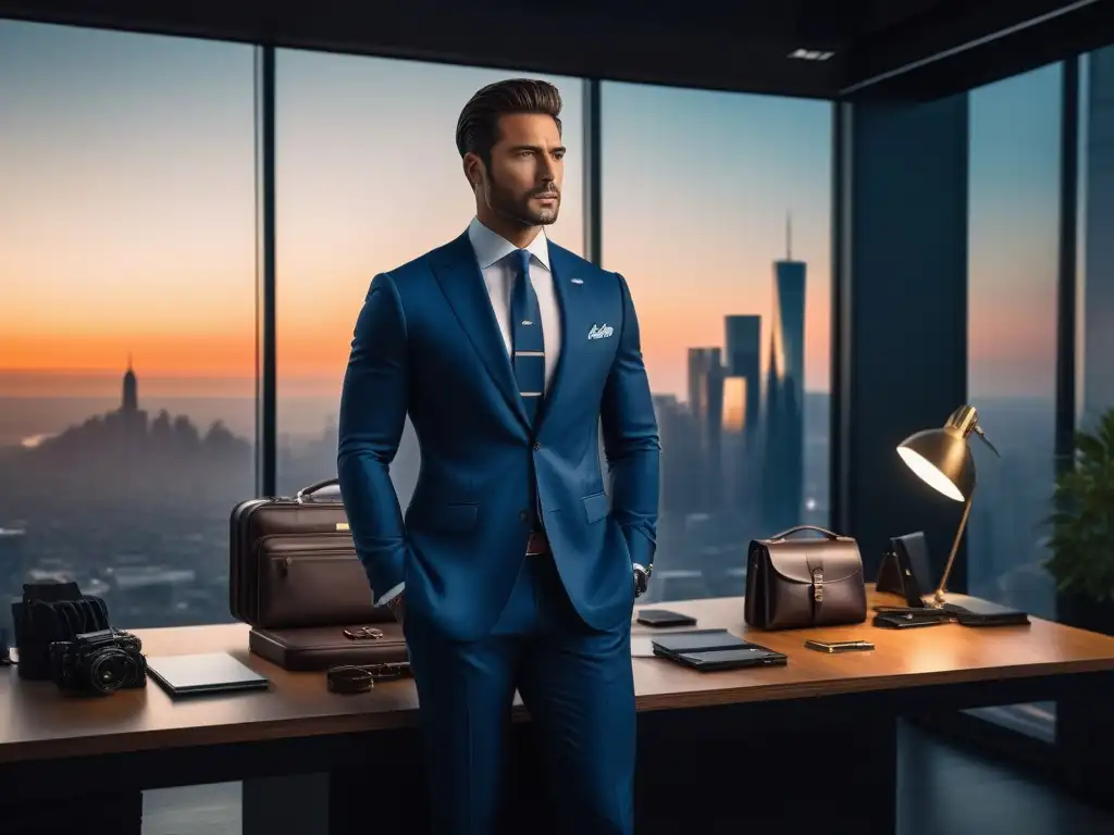 Profesional sofisticado en oficina de lujo con vista urbana al atardecer Un ejecutivo elegante en una oficina moderna con vista a la ciudad al atardecer