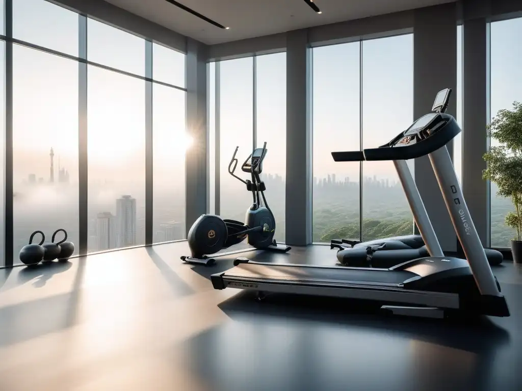 Ejercicios personalizados: elegancia y fuerza en un gimnasio moderno Ejercicios para cuerpos altos y delgados: Persona elegante y fuerte realiza rutina personalizada con gracia en gimnasio moderno con vista panorámica