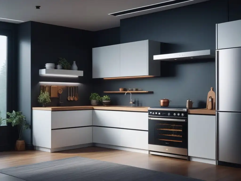 Cocina de lujo con electrodomésticos conectados y diseño moderno en 8k Electrodomésticos conectados en una cocina de alta gama con diseño moderno y tecnológico