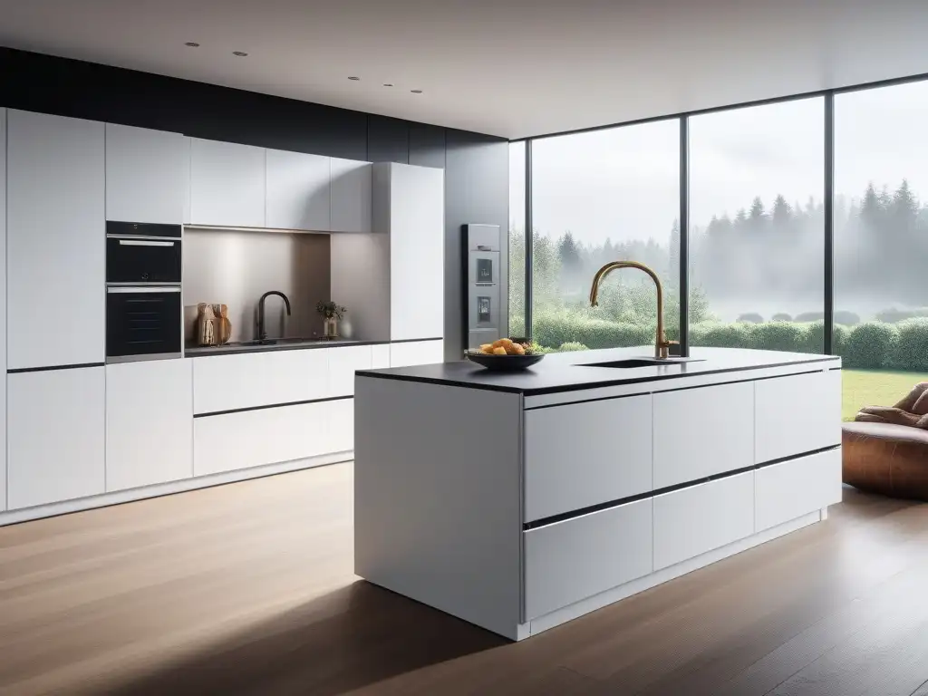 Smart kitchen de lujo: electrodomésticos conectados de última generación Electrodomésticos conectados cocina alta gama: una cocina futurista y lujosa con tecnología de vanguardia e iluminación ambiental suave