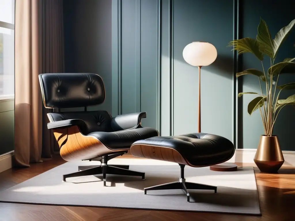 Espléndido set Eames Lounge Chair en salón moderno Un rincón de elegancia atemporal: un emblemático set Eames Lounge Chair y Ottoman en un salón moderno