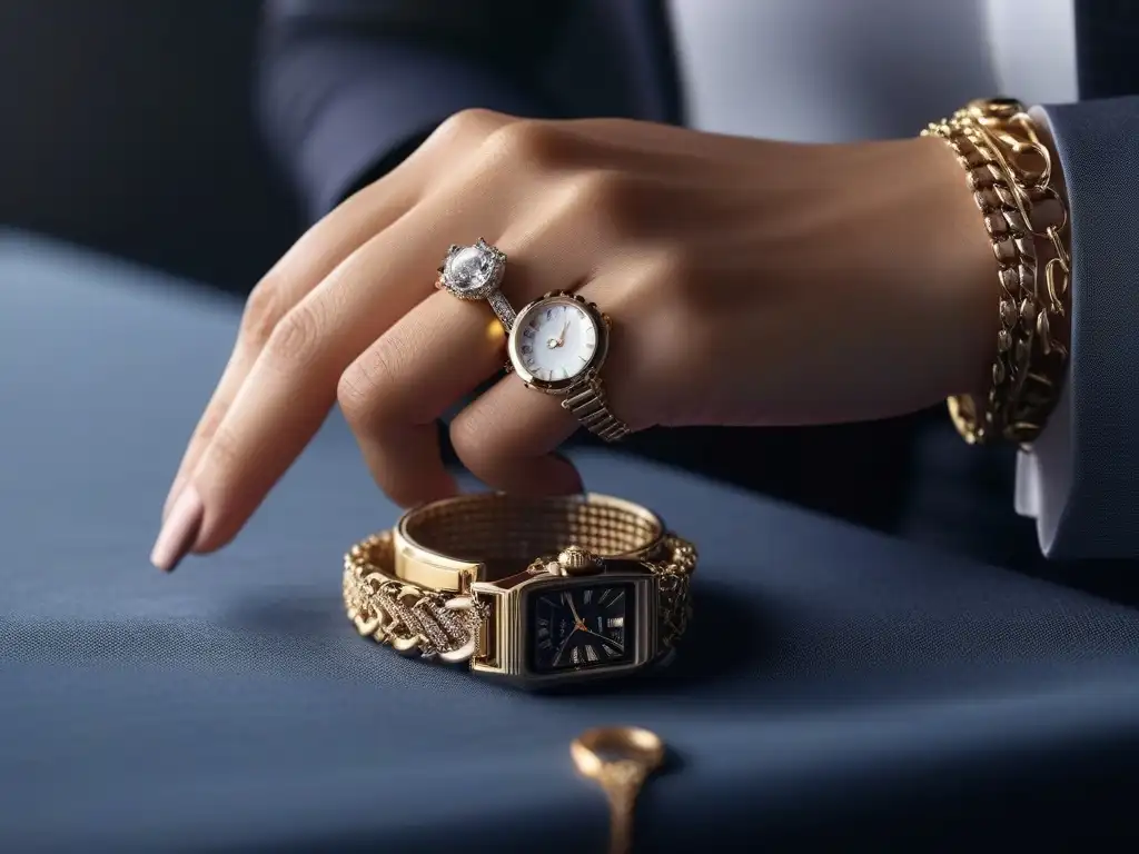 Mano elegante: lujo en accesorios de alta gama La elegancia de una mano femenina con una combinación de accesorios de alta gama y joyería, resaltando lujo y sofisticación