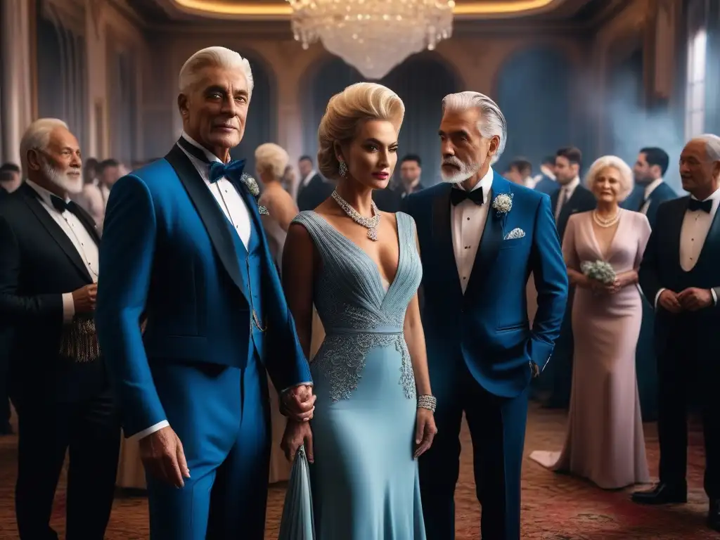 Elegante moda senior en evento de lujo Elegancia en vestuario senior para ocasiones especiales: hombres y mujeres en trajes formales y glamuroso entorno iluminado