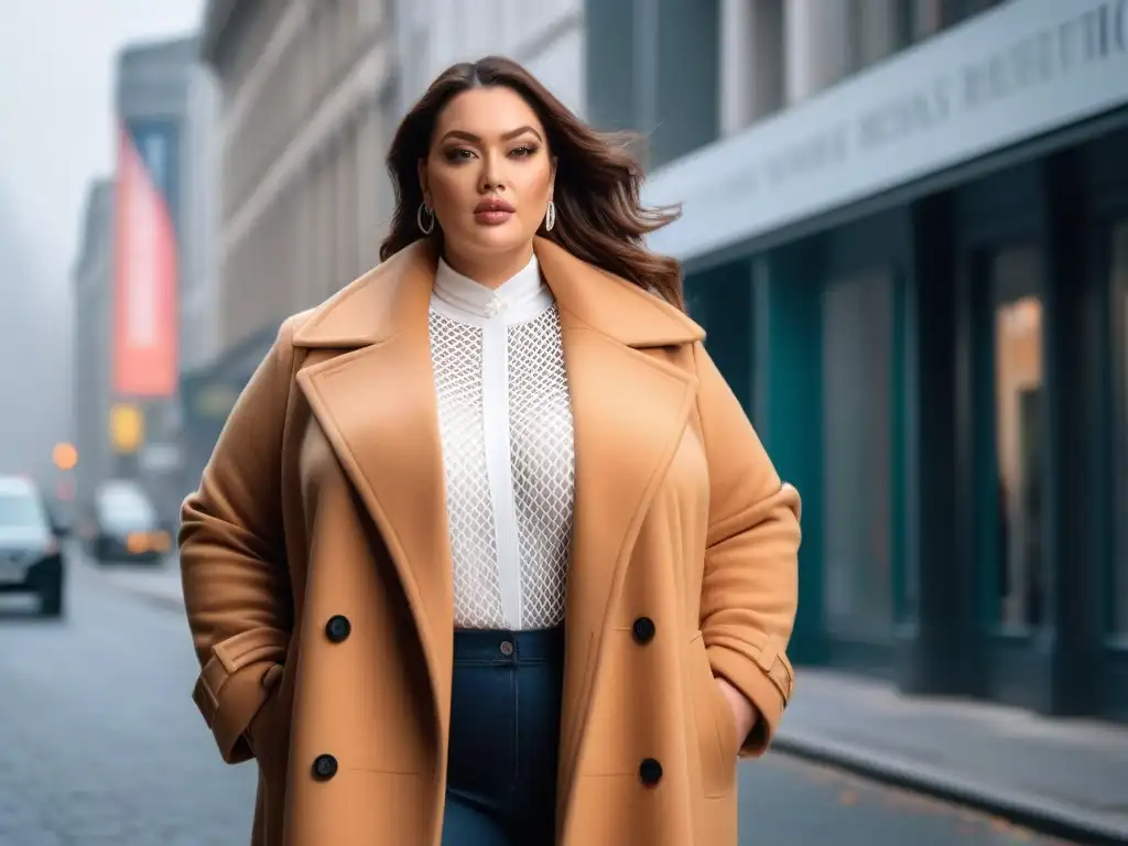 Modelo plus size en abrigo camel paseando con estilo urbano otoñal Un elegante abrigo camel en modelo de talla grande camina por la ciudad otoñal