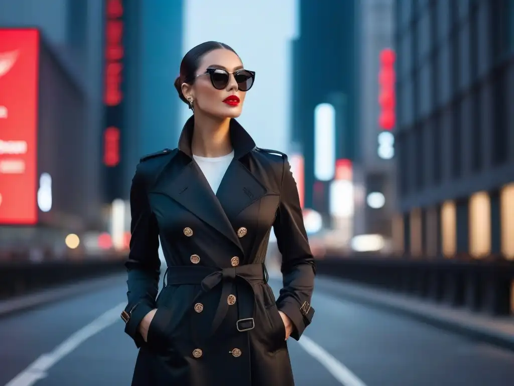 Gabardina negra para mujer: sofisticación urbana Elegante abrigo negro para mujeres petite, con cintura ajustada y lapelas, en una ciudad al atardecer
